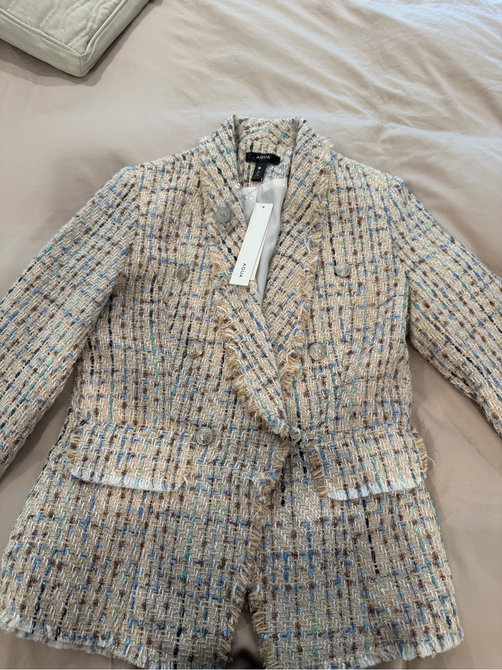 Aqua Cream Multicolor Tweed Double-Breasted Blazer Jacket